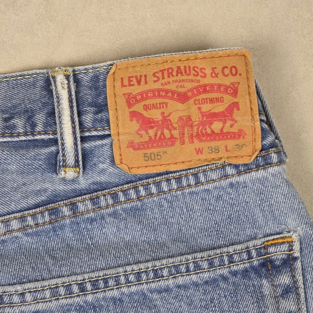 Levi Strauss 505 Mens Jeans Light Wash Straight Leg Denim Distressed 38x30
